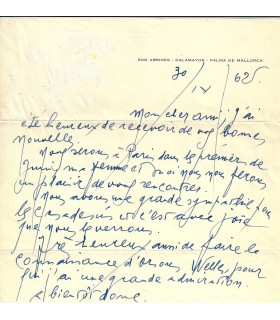 MIRO (Joan). Peintre espagnol. Lettre autographe à Nelson Fuqua, 1962 (G 3633)