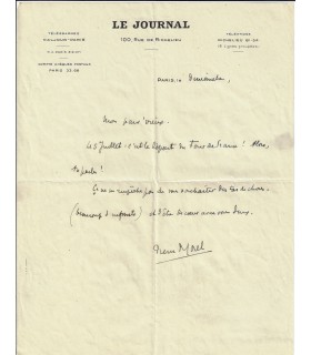 MOREL Pierre. Billet autographe à Jean-Loup FORAIN, Juillet 1938 (Réf. G 2465)