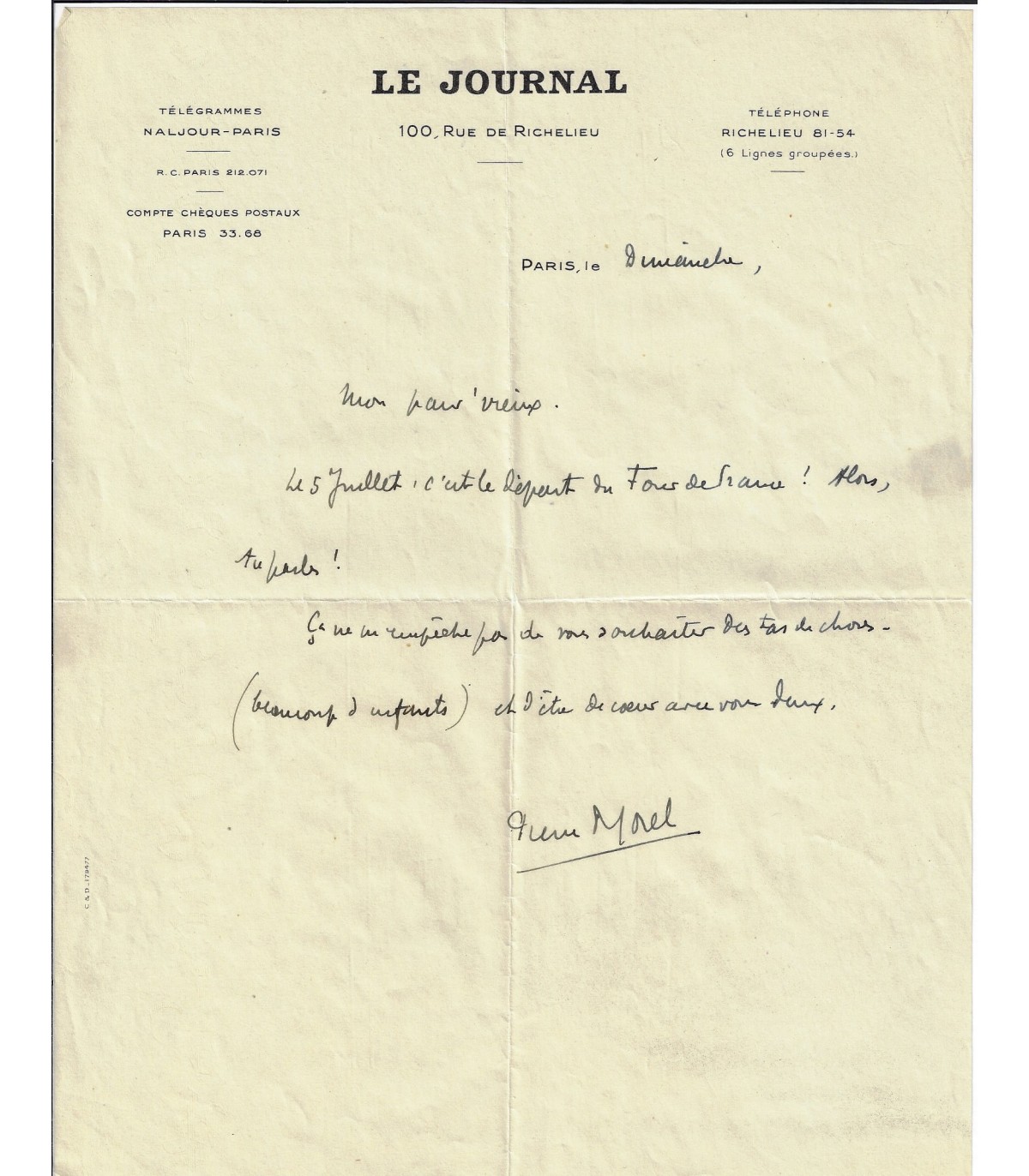 MOREL Pierre. Billet autographe à JeanLoup FORAIN, Juillet 1938 (Réf