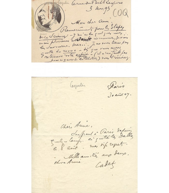 COQUELIN CADET, comédien. Carte autographe (G 5640)