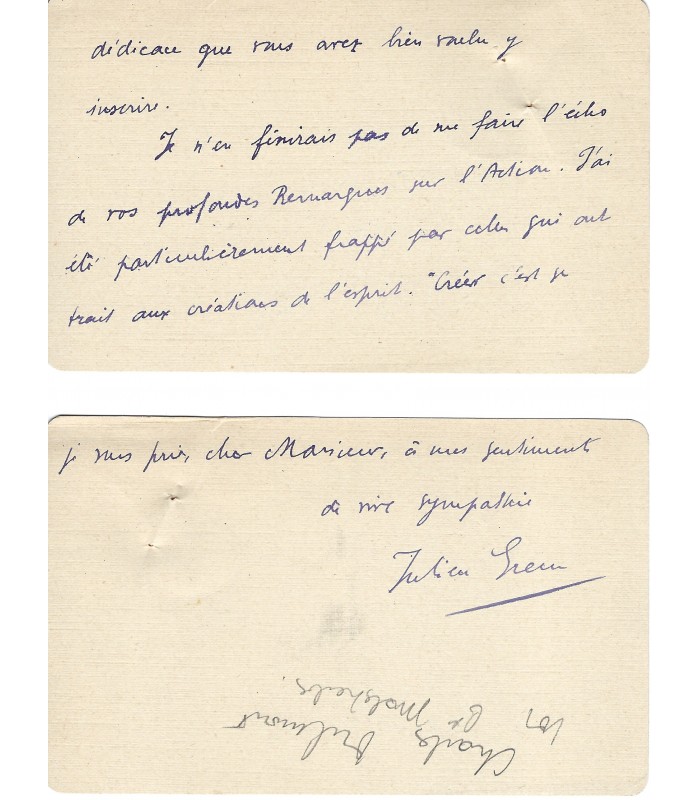 GREEN Julien, écrivain. Carte autographe (E 10524)