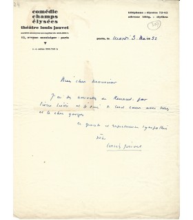 JOUVET Louis, acteur et metteur en scène. Lettre autographe (G 5307)