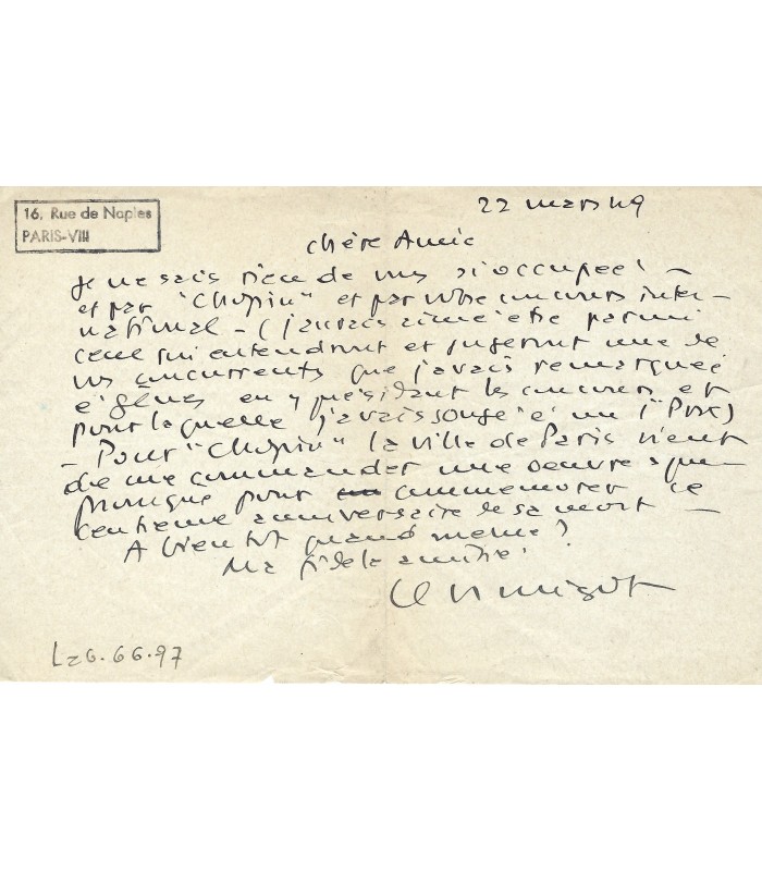 MIGOT Georges, compositeur. Lettre autographe (G 358)