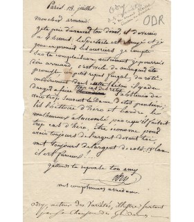 ODRY Charles, acteur, écrivain. Lettre autographe ( E 10546)