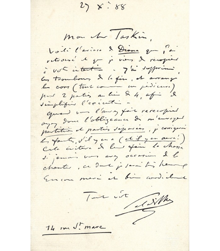 PALADHILE Emile. Compositeur. Lettre autographe à A. Taskin (G 628)