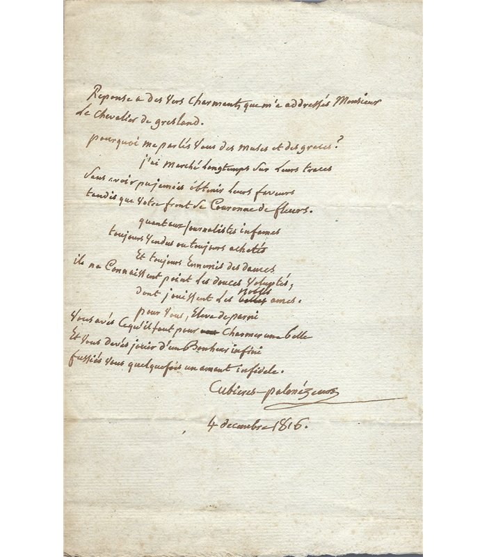 CUBIERES-PALMEZEAUX Michel de, au chevalier de Gresland