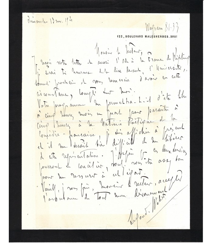 SEGOND-WEBER Caroline, comédienne. Lettre autographe (G 3044)