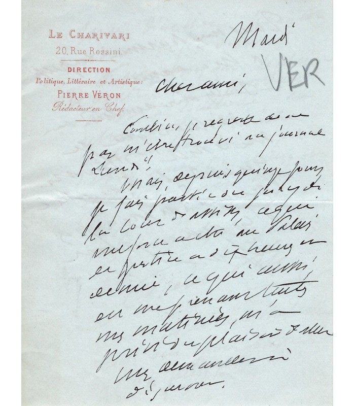 VERON Pierre, écrivain. Lettre autographe (E 10549)