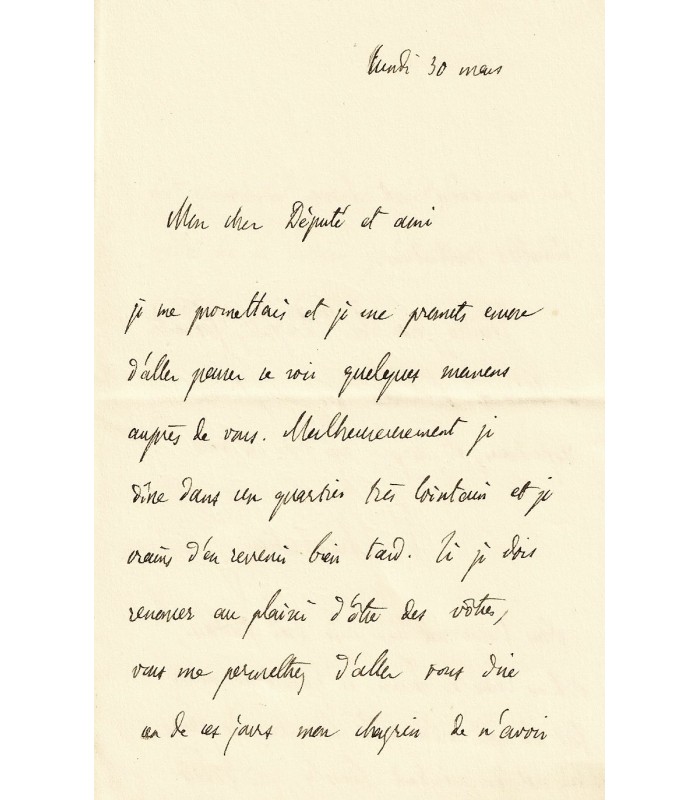 CHERBULIEZ Victor. Ecrivain et journaliste né à Genève. Lettre autographe à un député de la Meuse (Réf. G 1279)