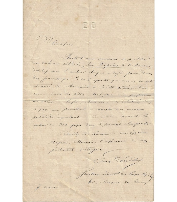 DAUDET Ernest. Ecrivain, frère d'Alphonse DAUDET. Lettre autographe, 1865 (Réf. G 20)