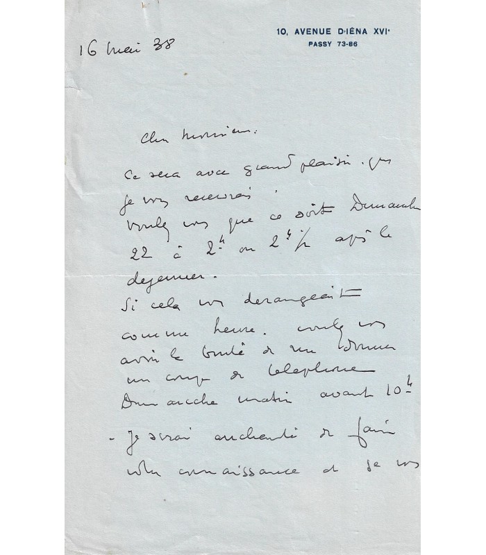 DOMERGUE Jean-Gabriel. Peintre, portraitiste. Lettre autographe, 16 mai 1938 (Réf. G 5340)
