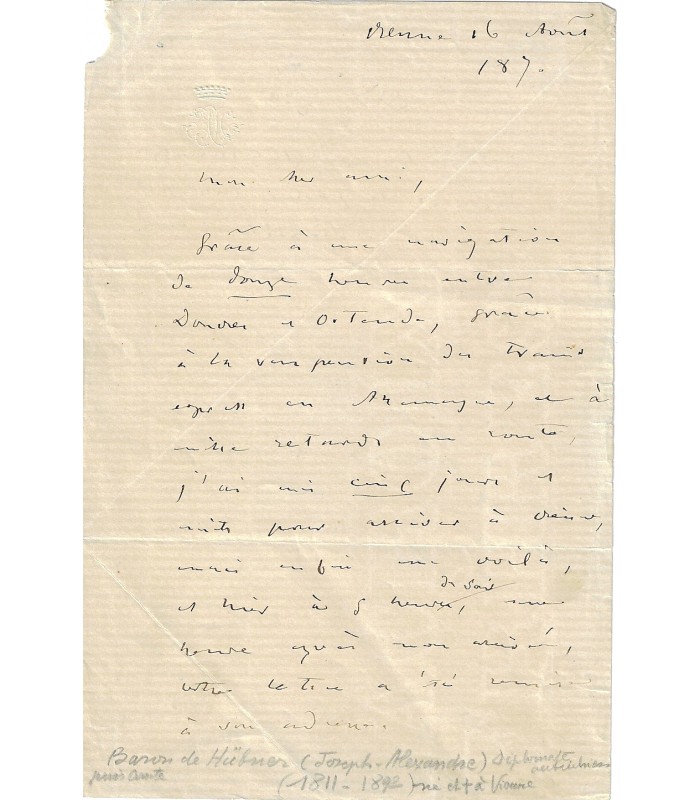 HÜBNER Joseph Alexandre. Diplomate autrichien. Lettre autographe, 1870 ( E 10559)