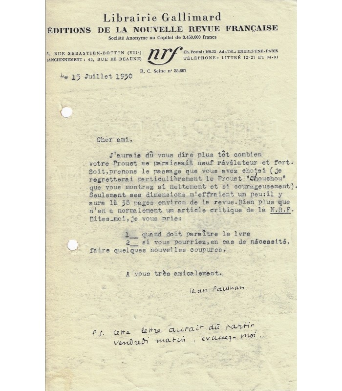 PAULHAN Jean. Ecrivain. Directeur de la NRF chez Gallimard. Lettre dactylographiée signée (Réf. G 1485)
