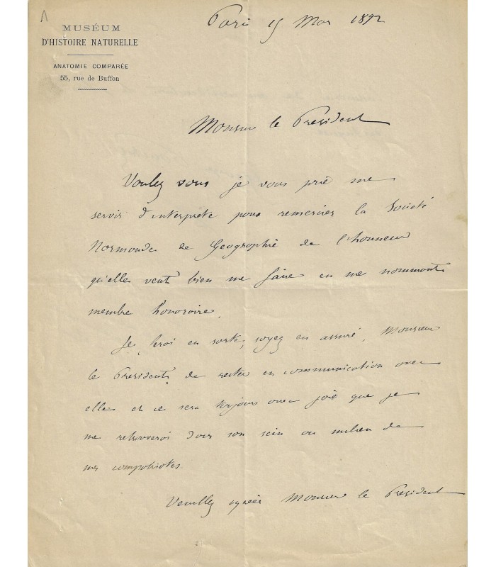 POUCHET Georges. Naturaliste, ami de Maupassant. 3 lettres autographes (Réf. G 2056)