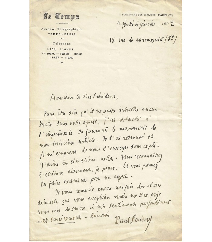 SOUDAY Paul. Critique littéraire. Lettre autographe (Réf. G 790)