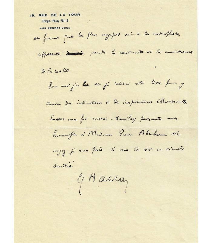 WALLON Henri. Psychologue. professeur au Collège de France. Lettre autographe à Pierre Abraham (Réf. G 1445)