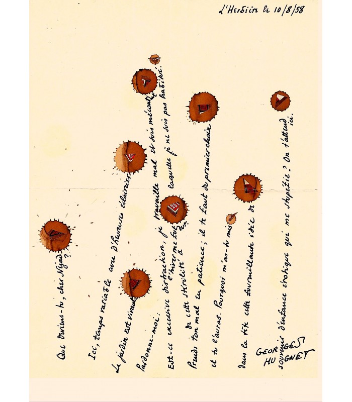 HUGNET Georges. Artiste-peintre, collagiste, relieur. Lettre autographe au peintre Nejad, avec des collages ( BL 24449).