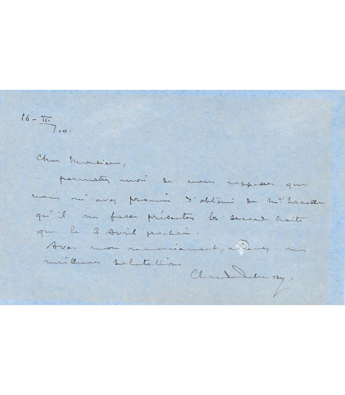 DEBUSSY Claude. Compositeur. Lettre autographe, 1910 (Réf. G 4314)