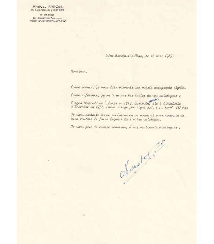 FARGES Marcel. Poète breton. Poème autographe (Réf. E 10563)