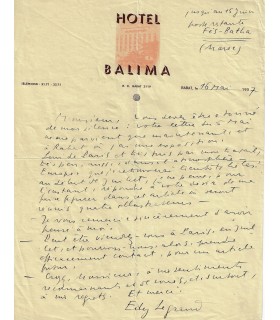 EDY-LEGRAND (Louis Warschawsky). Peintre et illustrateur. Lettre autographe (Maroc, Rabat, 16 mai 1937) (Réf. E 10328)