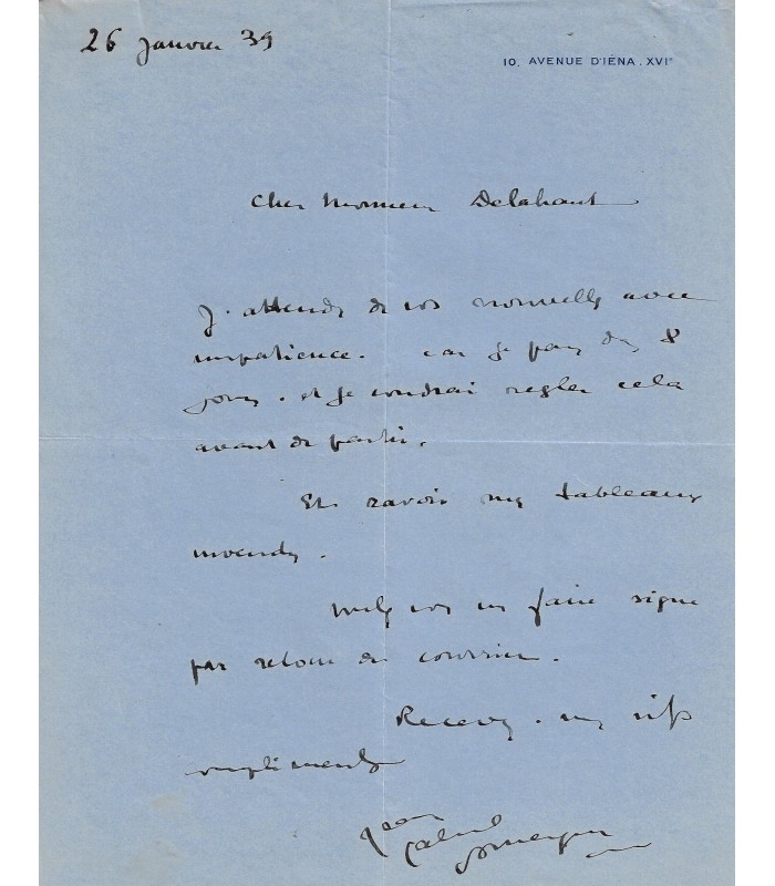 DOMERGUE Jean-Gabriel. Peintre et graveur. Lettre autographe au galériste belge Delahaut, 1939 (Réf. G 5344)