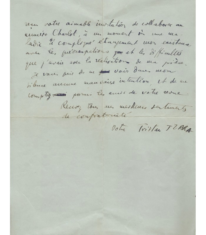 TZARA Tristan. Ecrivain, fondateur du mouvement Dada. Lettre autographe (G 4277)