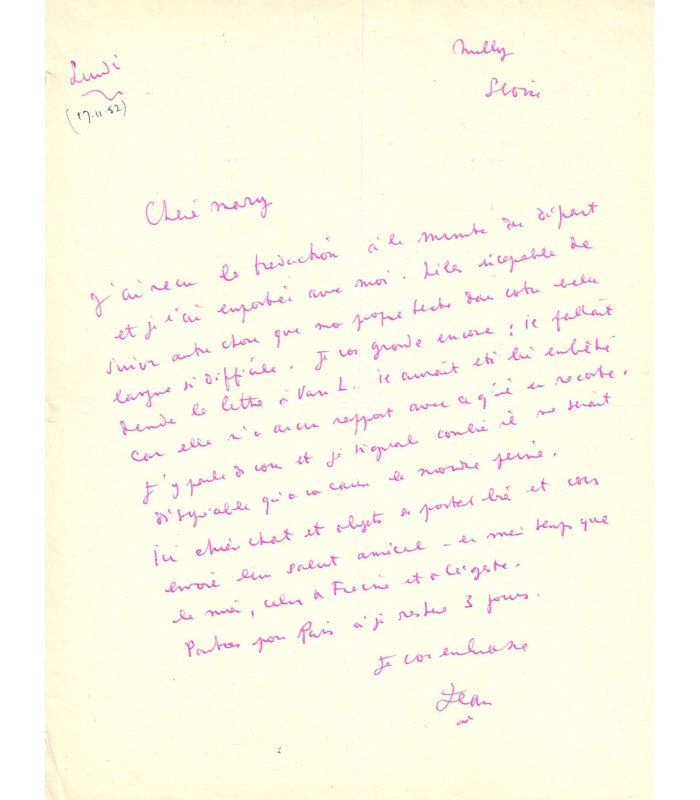 COCTEAU Jean. Ecrivain, poète, cinéaste, peintre. Lettre à Mary Hoeck, novembre 1952 (Réf. G 5660)