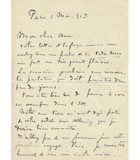 FALLA Manuel de. Compositeur espagnol. Lettre autographe (en français), 1er mai 1913 (Réf. G 5679)