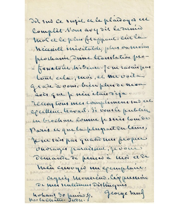 SAND George. Femme de lettres. Lettre autographe à Ernest Feydeau, 30 janvier 1857 (Réf. G 5777)