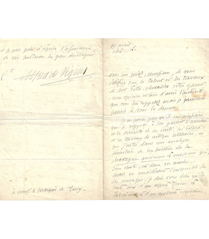 VIGNY Alfred de. Poète. Lettre autographe, 19 avril 1847, au marquis de Torcy (Réf. G 5825)
