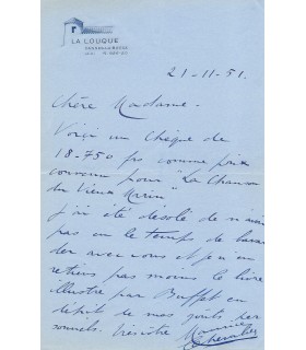 CHEVALIER Maurice, chanteur. Lettre autographe (G326).