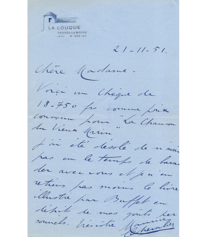 CHEVALIER Maurice, chanteur. Lettre autographe (G326).