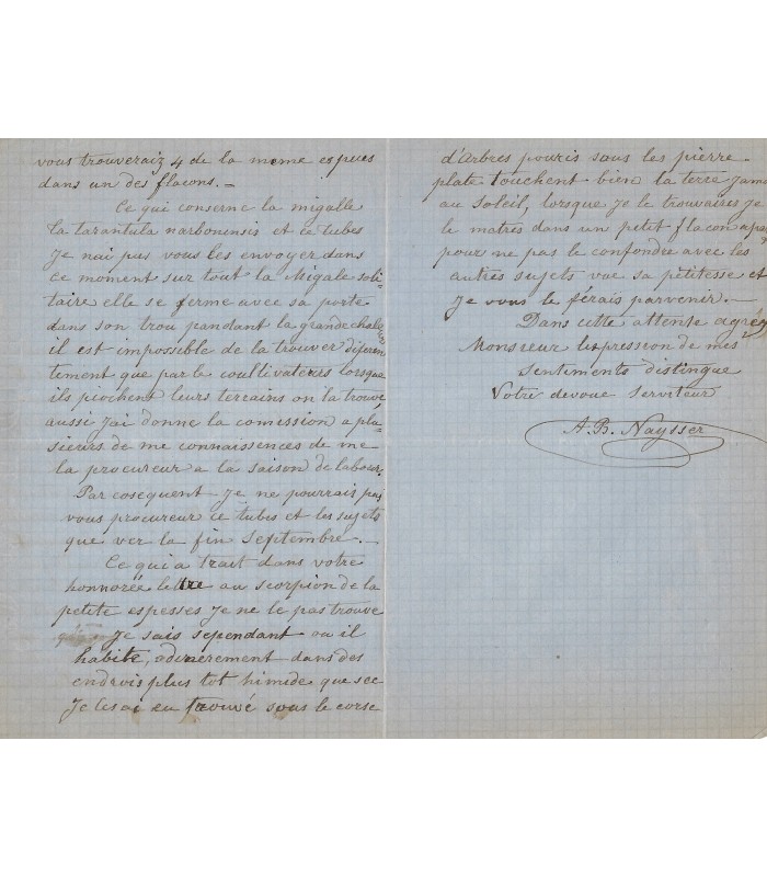 NAYSSER A.B, naturaliste. Lettre autographe (G 2176)