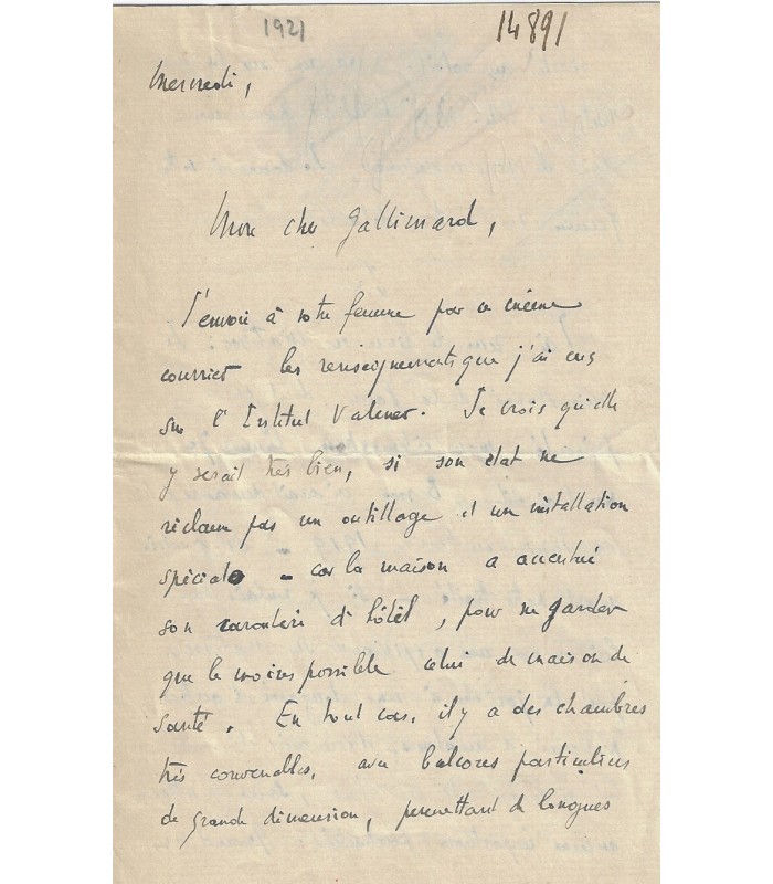 ROMAINS Jules. Ecrivain. Lettre autographe à l'éditeur Gallimard (G 5917)