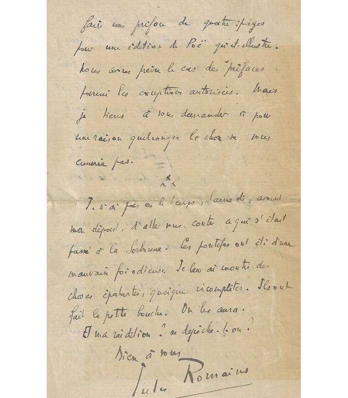 ROMAINS Jules. Ecrivain. Lettre autographe à l'éditeur Gallimard (G 5917)