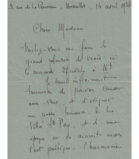 CHABAS (Maurice). Peintre symboliste. Lettre autographe, 14 avril 1938 (Réf. G 5926)