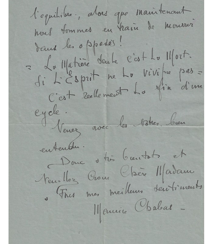 CHABAS (Maurice). Peintre symboliste. Lettre autographe, 14 avril 1938 (Réf. G 5926)