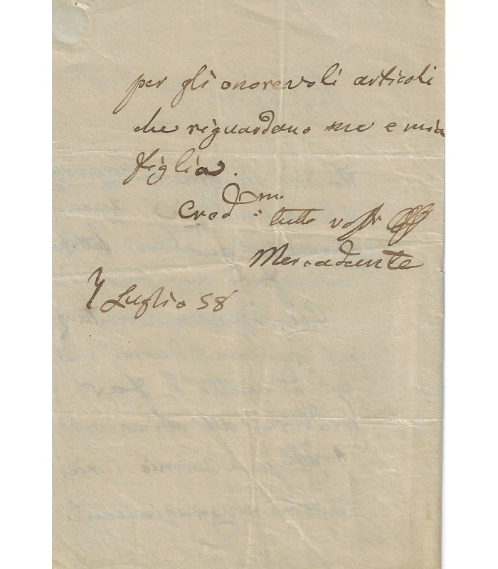 MERCADANTE Giuseppe. Compositeur italien. Lettre autographe à Capecelatro (Réf. G 5745)