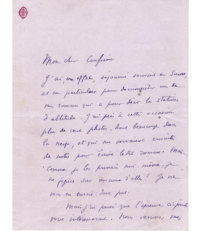 CORDAY (Michel). Romancier français. Lettre autographe (G 2055).