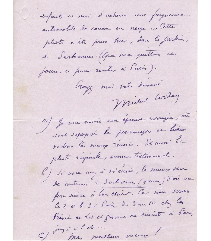 CORDAY (Michel). Romancier français. Lettre autographe (G 2055).