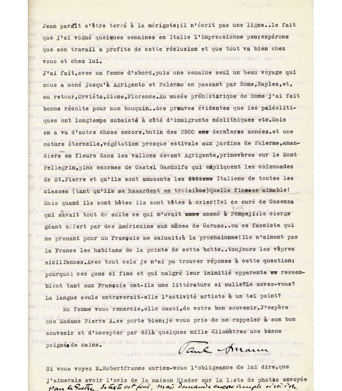 AMANN (Paul). Ecrivain et traducteur autrichien. Lettre dactylographiée signée (G 1392).