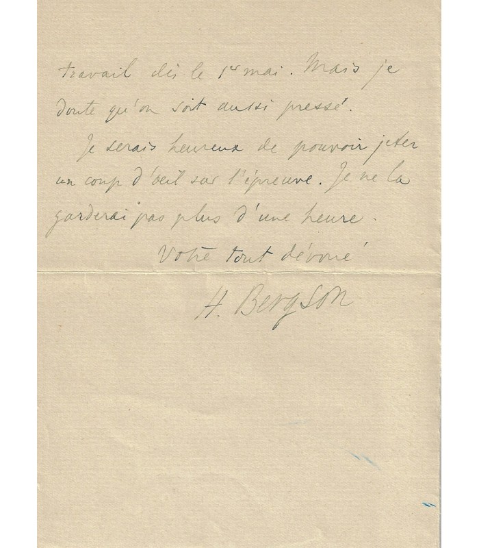 BERGSON Henri. Philosophe. Professeur au Collège de France. Lettre autographe à André Chaumeix, 1923  (Réf. G 3583)