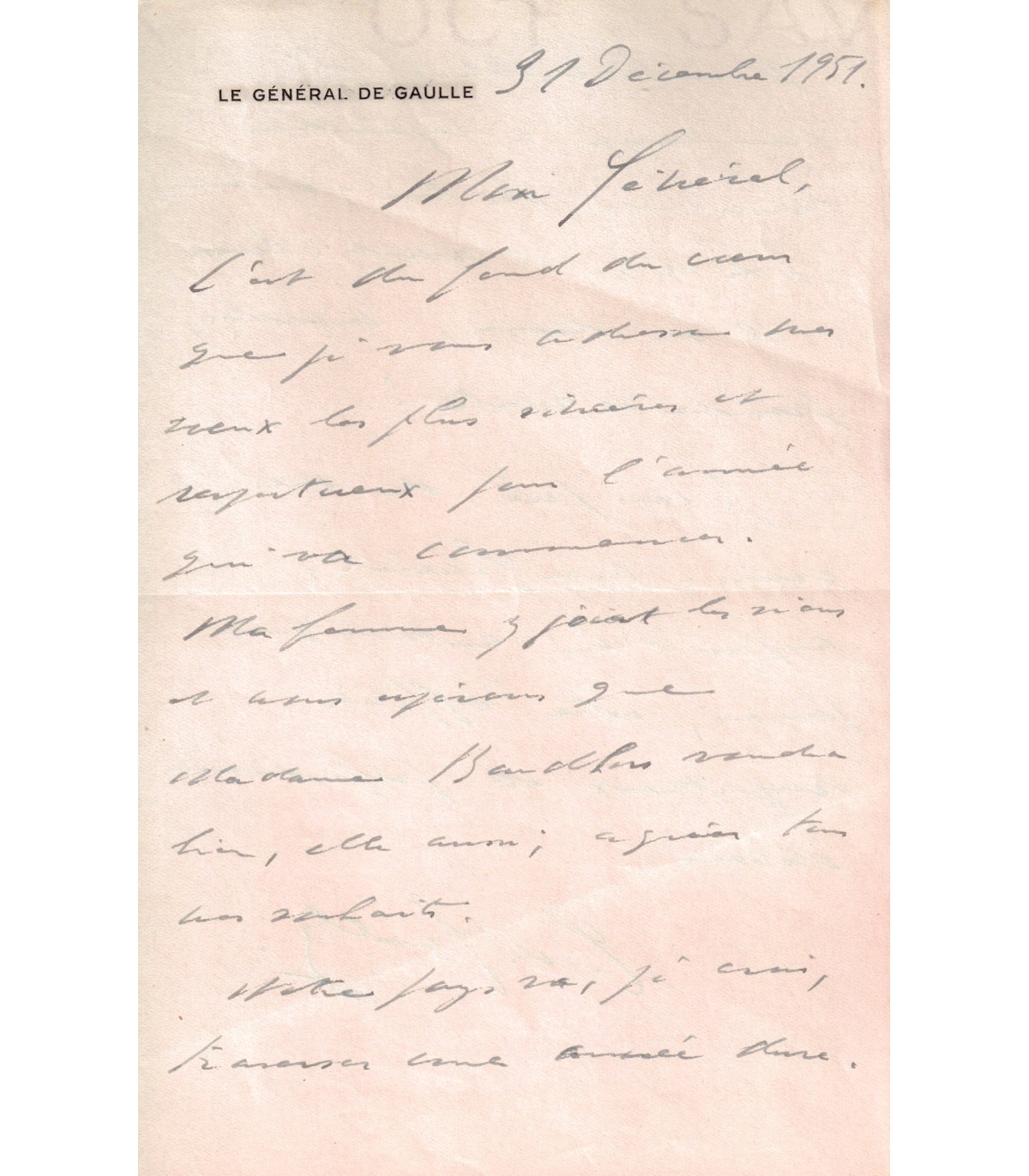 GAULLE Charles de. Général. Président de la République française. Lettre  autographe au général Boudhors, 1951 (Réf. G 3626)