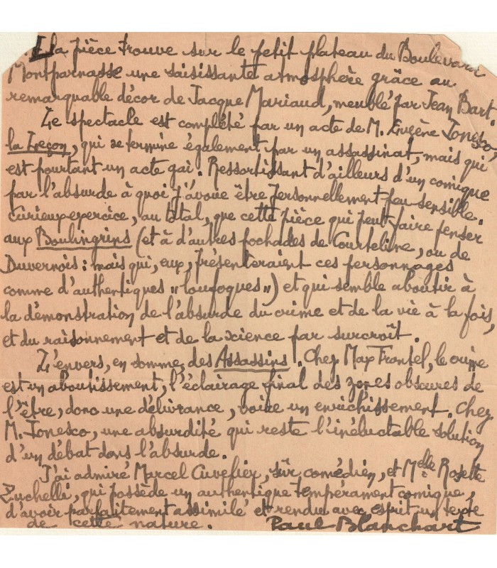[IONESCO] BLANCHART Eugène, historien du théâtre. Manuscrit autographe (G 2155)