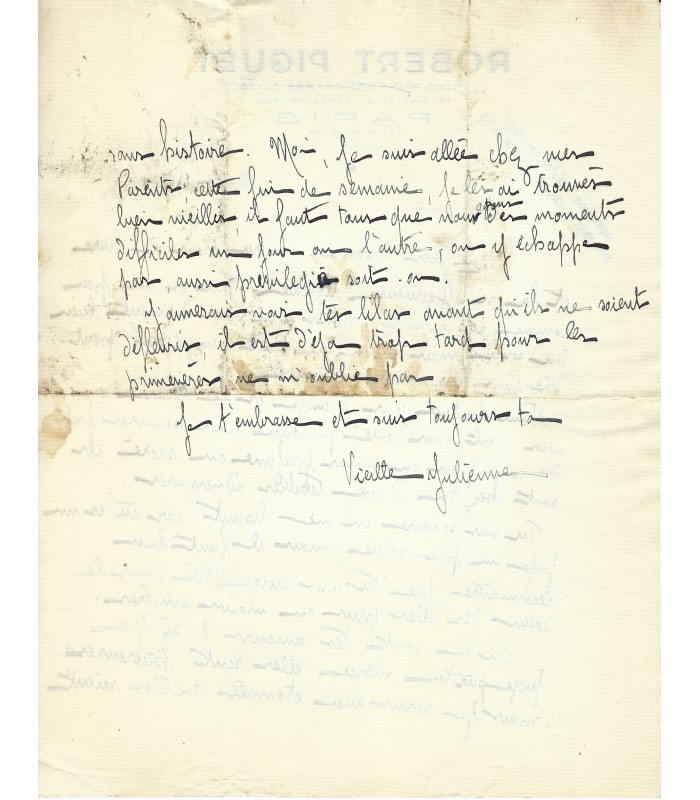 JULIENNE Madame. HAUTE COUTURE. Styliste chez PIGUET et POIRET. Lettre à l'éditeur Grasset (Réf. E 10526)