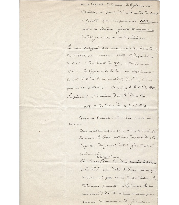 BERENGER René, magistrat et homme politique. Manuscrit autographe (Réf. G 2780)