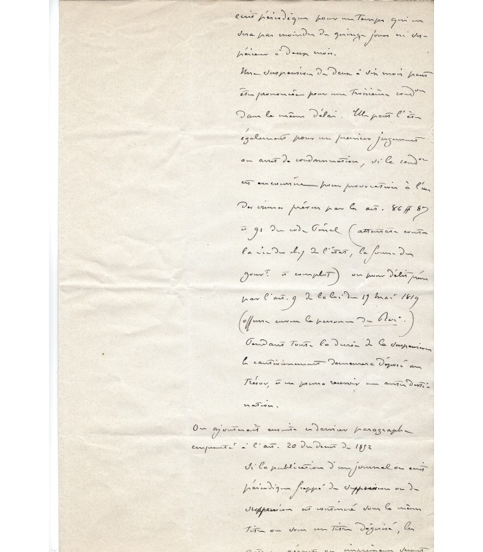 BERENGER René, magistrat et homme politique. Manuscrit autographe (Réf. G 2780)