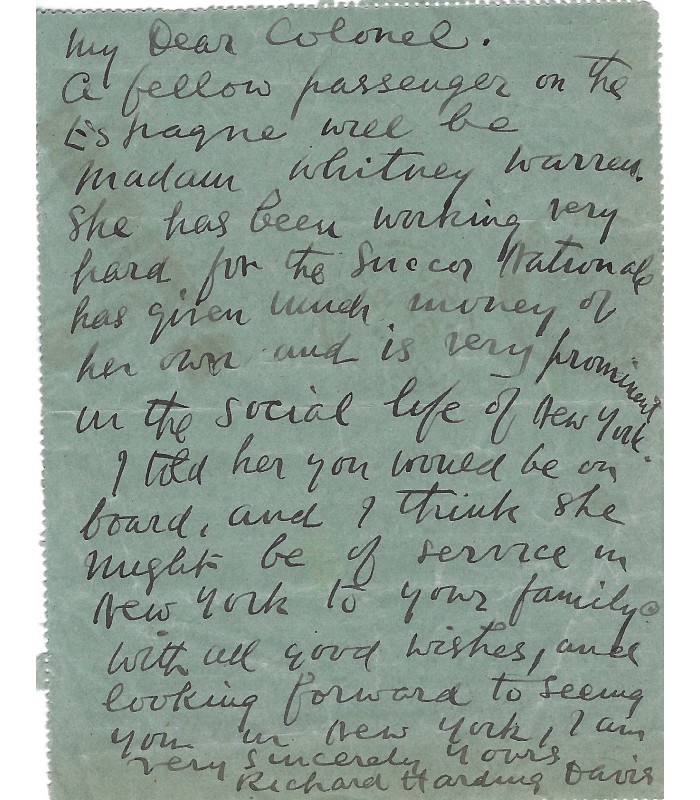 DAVIS Richard Harding, écrivain, journaliste et correspondant de guerre. Carte pneumatique autographe (G 5835)
