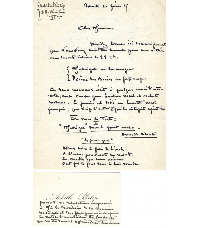 PHILIP Achille, organiste et compositeur. Lettre autographe (G 5943)