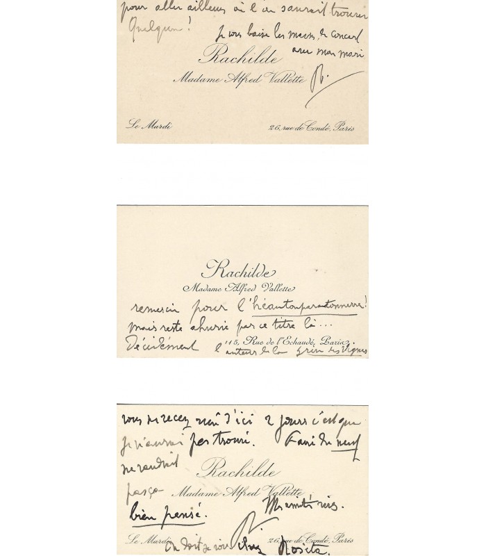 RACHILDE Marguerite Eymery, femme de lettres. 3 cartes de visite  autographes (G 5911)